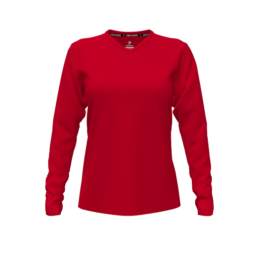 [CUS-DFW-TEES-CMF-VNK-LSL-RED-FYXS-LOGO1] Decker Comfort T-Shirt (Female Youth XS, Red, V Neck, Logo 1, Long Sleeve)